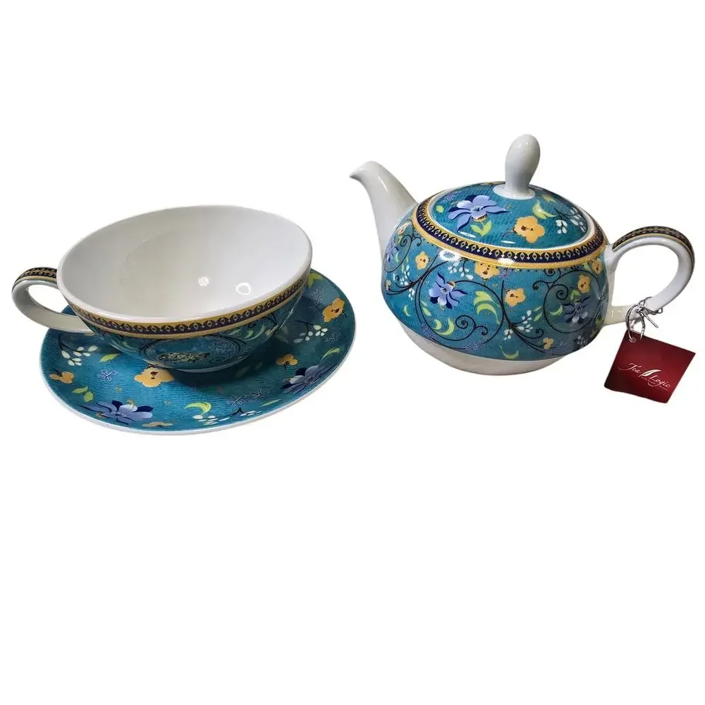 NWB Tea Logic Tea for One Floral Teapot Cup Saucer Set Blue Porcelain